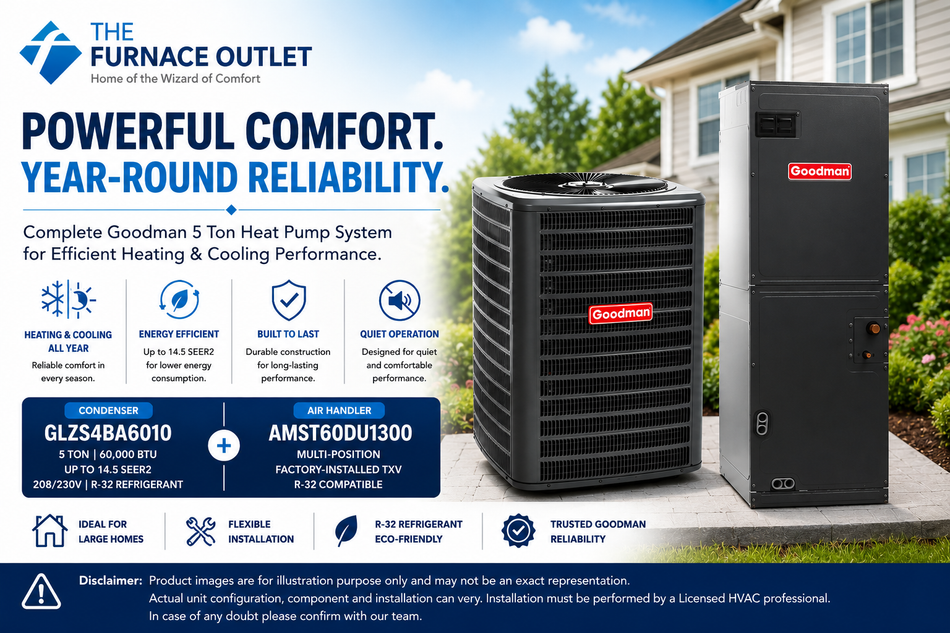 Goodman GLZS4BA6010 60000 BTU 208/230V 5 Ton 14.5 SEER2 Heat Pump Condenser with AMST60DU1300 Multi-Position Air Handler System