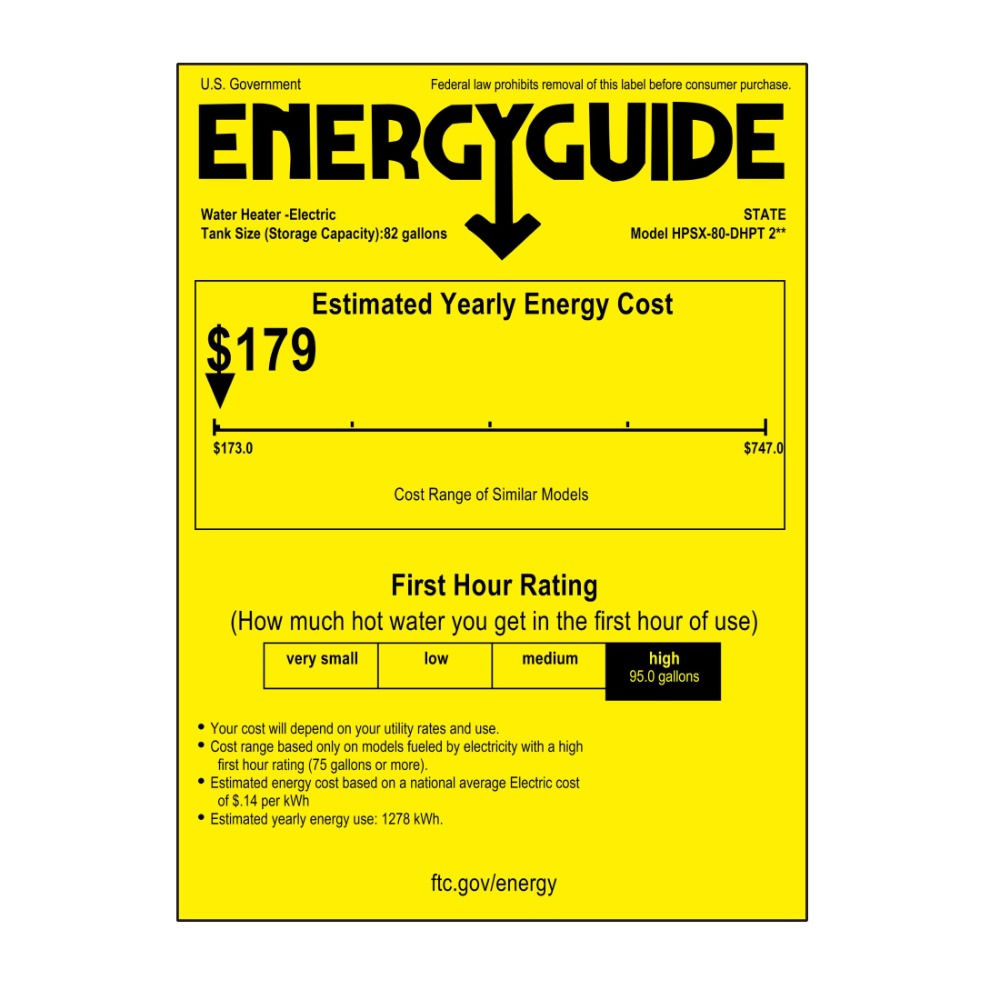 State Premier AL Series 80 Gallon Capacity 4.5 kW Heating Input Smart Hybrid Electric Heat Pump Water Heater