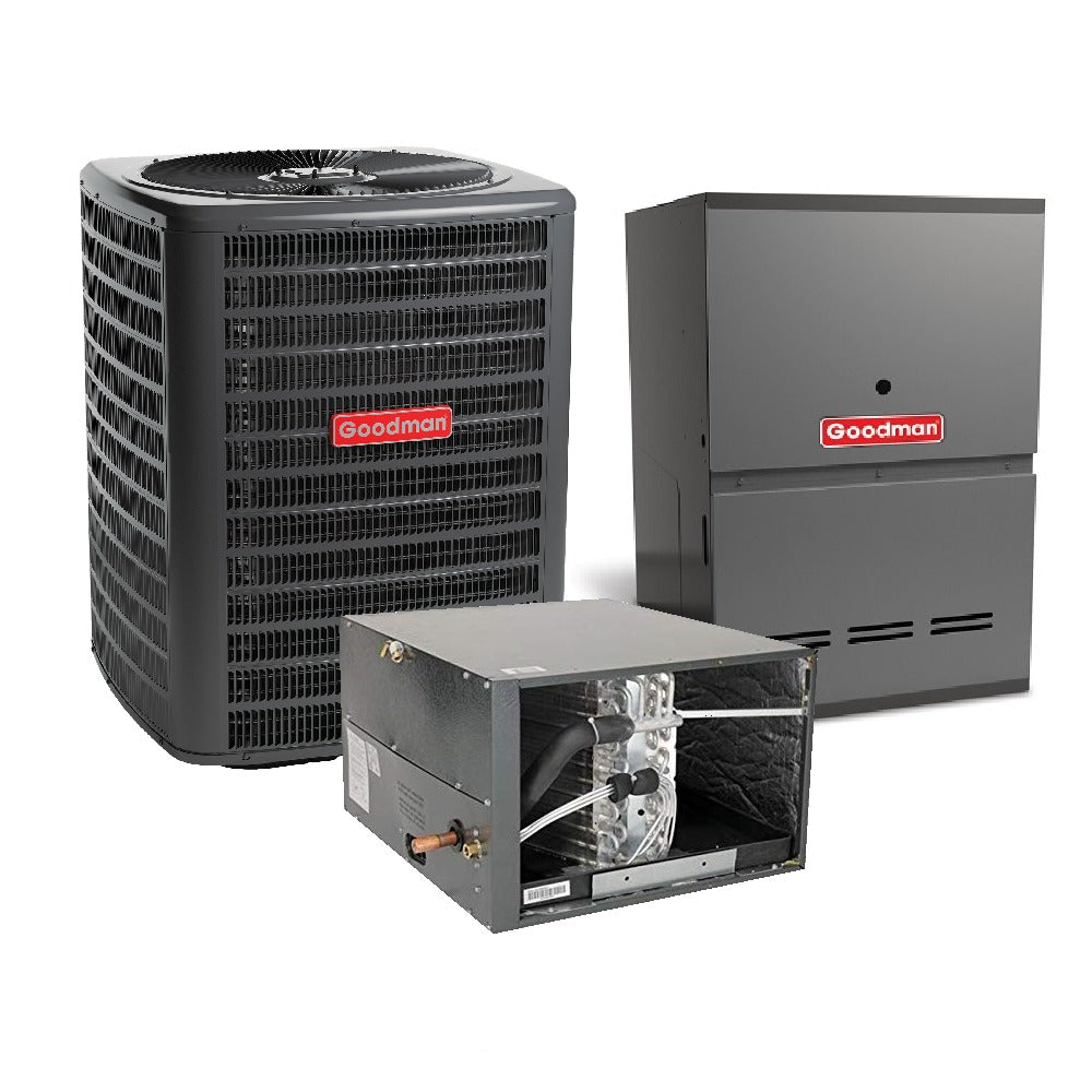 Goodman 3 Ton 14.5 SEER2 System: 14.4 SEER2 R32 AC Condenser (GLXS4MA3610), 3 Ton Horizontal A Coil with TXV (CHPTA3630C3), 80% AFUE 100K BTU Furnace (GD9S801005CN)