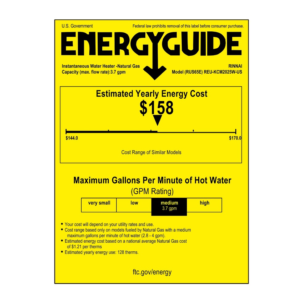 Rinnai Ultra Series 130,000 BTU Condensing Exterior Natural Gas Tankless Water Heater - Energy Guide Label