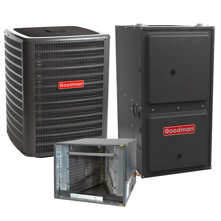 Goodman 2 Ton 14.4 SEER2 R32 Air Conditioner Condenser GLXS4B2410, Horizontal Cased Painted A Coil with TXV CHPTA2426C3, 96% AFUE 100,000 BTU 9-Speed Single-Stage Natural Gas Furnace in 21" Cabinet GD9S961005CN