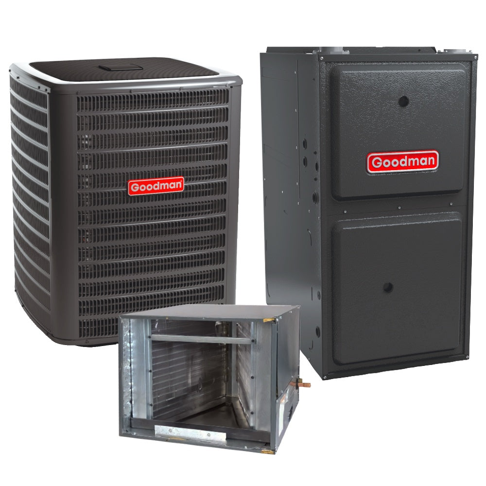 Goodman 3 Ton 14.4 SEER2 R32 Air Conditioner Condenser GLXS4B3610 with Horizontal Cased Painted A Coil CHPTA3630C3 and 96% AFUE 80,000 BTU Upflow/Horizontal Variable-Speed Two-Stage Natural Gas Furnace GRVT960804CN