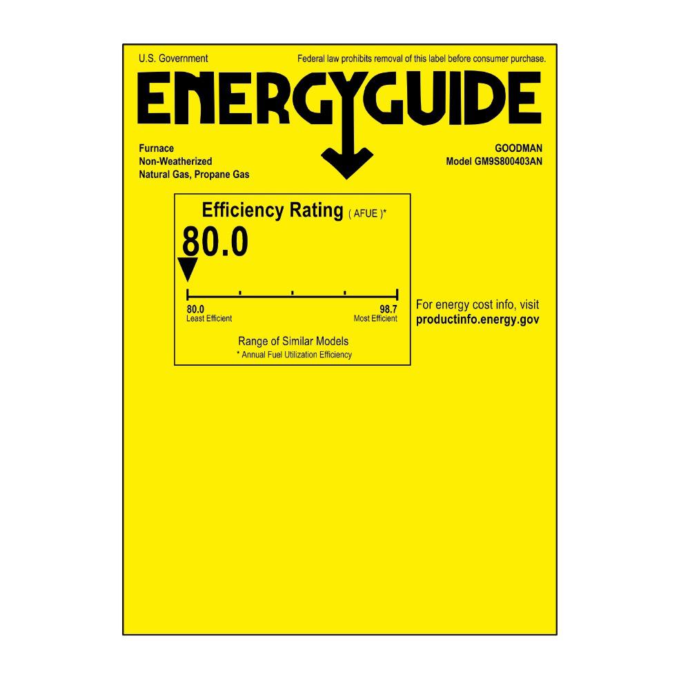 2 Ton 14.3 SEER2 Goodman AC GSXM402410 and 80% AFUE 40,000 BTU Gas Furnace GM9S800403AN Horizontal System with Coil CHPTA2426B4 - Furnace Energy Label