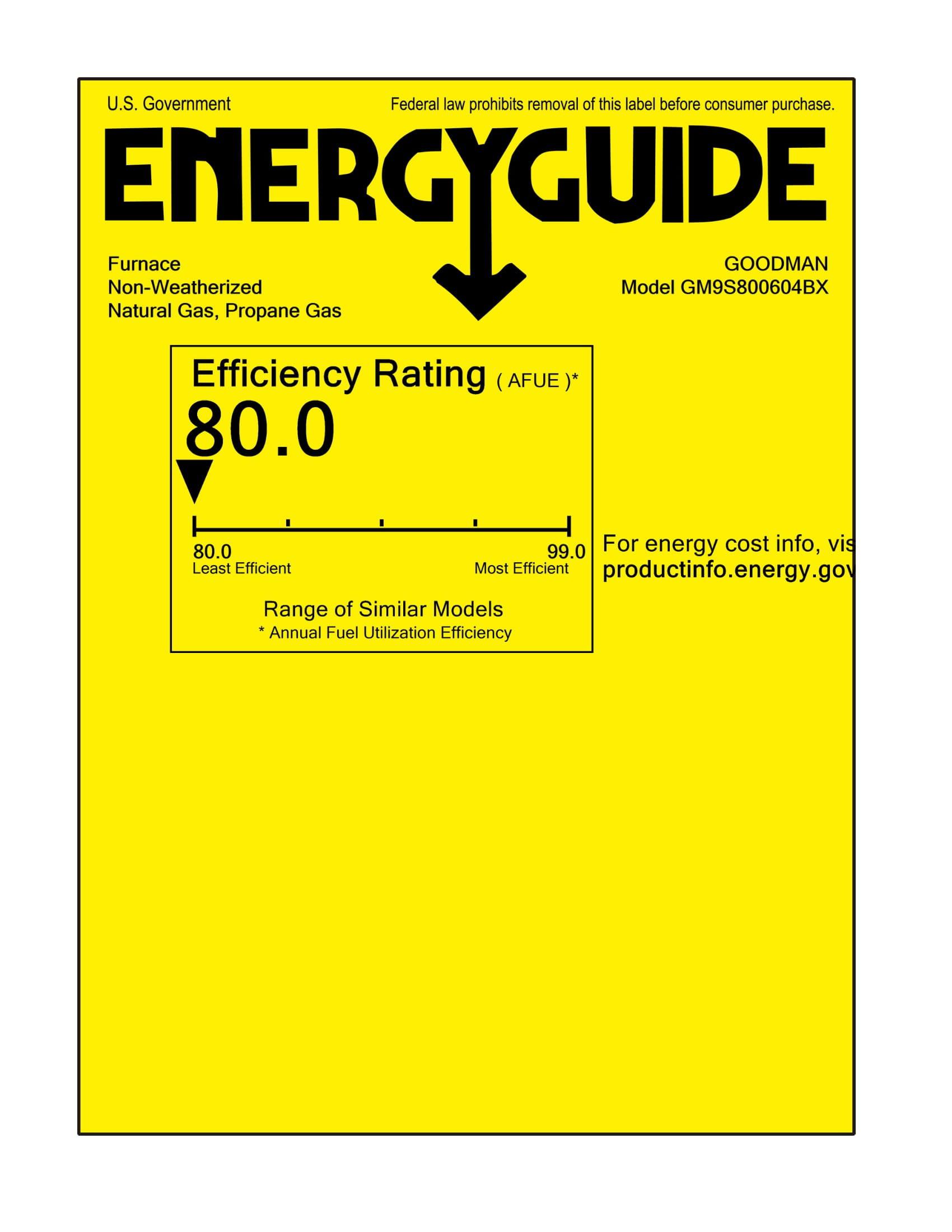 2 Ton 14.5 SEER2 Goodman AC GSXN402410 and 80% AFUE 60,000 BTU Gas Furnace GM9S800604BX Horizontal System with Coil CHPTA2426B4 - Furnace Energy Label