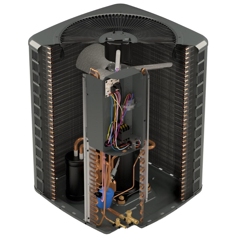 2 Ton 14.5 SEER2 Goodman Heat Pump GSZH502410 and 96% AFUE 40,000 BTU Gas Furnace GC9C960403BN Downflow System with Coil CAPTA3026B4 - Condenser Inside View