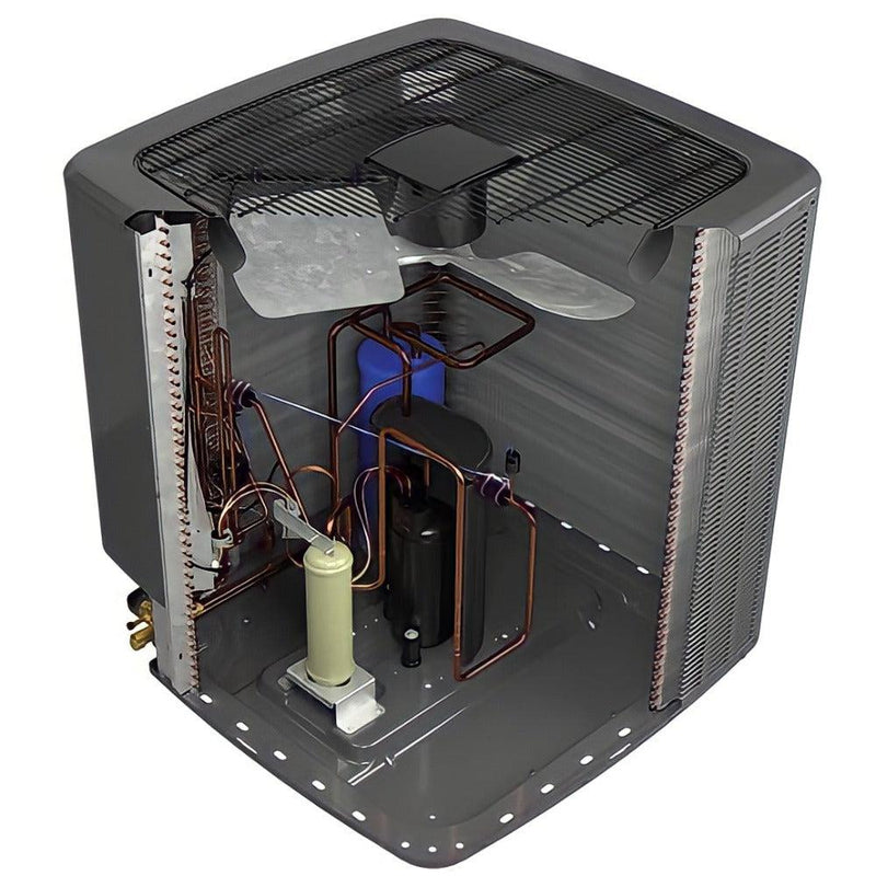 2 Ton 17.2 SEER2 Goodman AC GSXC702410 and 96% AFUE 80,000 BTU Gas Furnace GCVC960804CN Horizontal System with Coil CHPTA2426C4 - Condenser Inside View