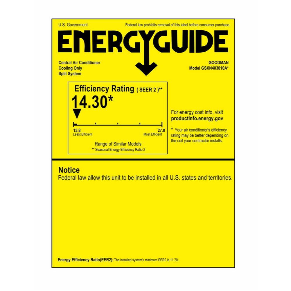 2.5 Ton 14.3 SEER2 Goodman AC GSXN403010 and 96% AFUE 60,000 BTU Gas Furnace GM9S960603BU Horizontal System with Coil CHPTA3026C4 - Condenser Energy Label