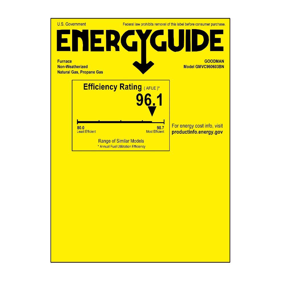 3 Ton 15.2 SEER2 Goodman AC GSXH503610 and 96% AFUE 60,000 BTU Gas Furnace GMVC960603BN Horizontal System with Coil CHPTA3630B4 - Furnace Energy Label