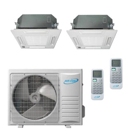 Air-Con 18,000 BTU 22 SEER 2-Zone Ceiling Cassette 9k+9k Mini Split Air Conditioner and Heater System