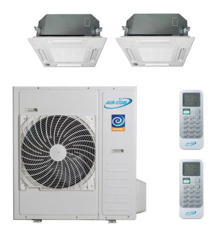 Air-Con 36,000 BTU 21 SEER 2-Zone Ceiling Cassette 12k+18k Mini Split Air Conditioner and Heater System