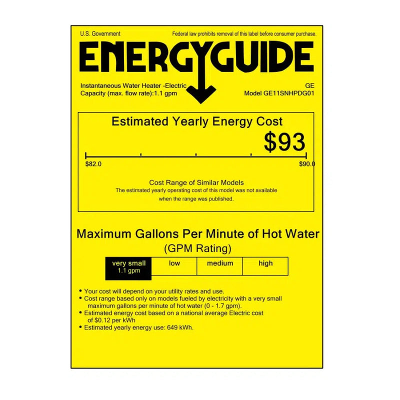 GE 11 kW 240V Point-of-Use Electric Tankless Water Heater - Energy Guide Label