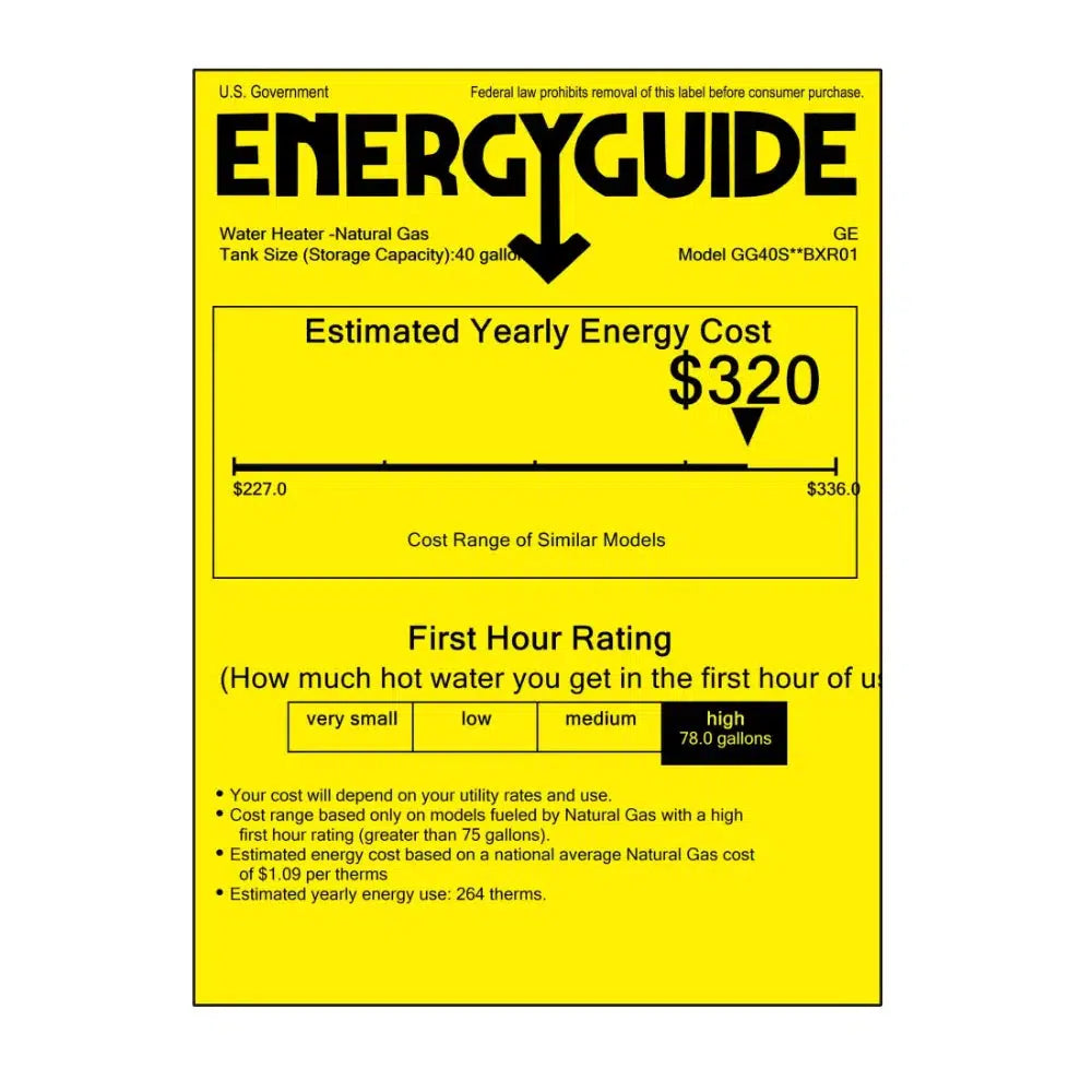 GE RealMAX Atmospheric Premium Model 40 Gallon Capacity Short Natural Gas Water Heater - Energy Guide Label