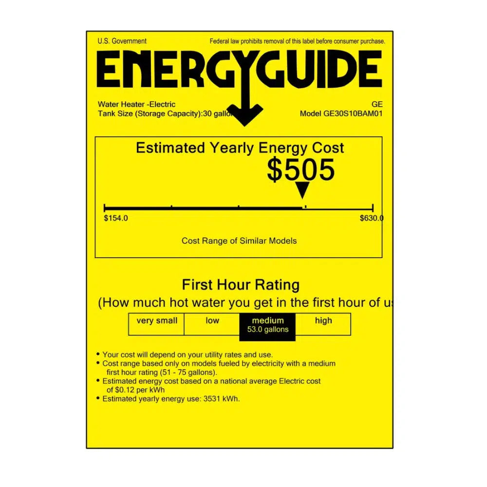 GE RealMAX Premium Model 30 Gallon Capacity Short Electric Water Heater - Energy Guide Label