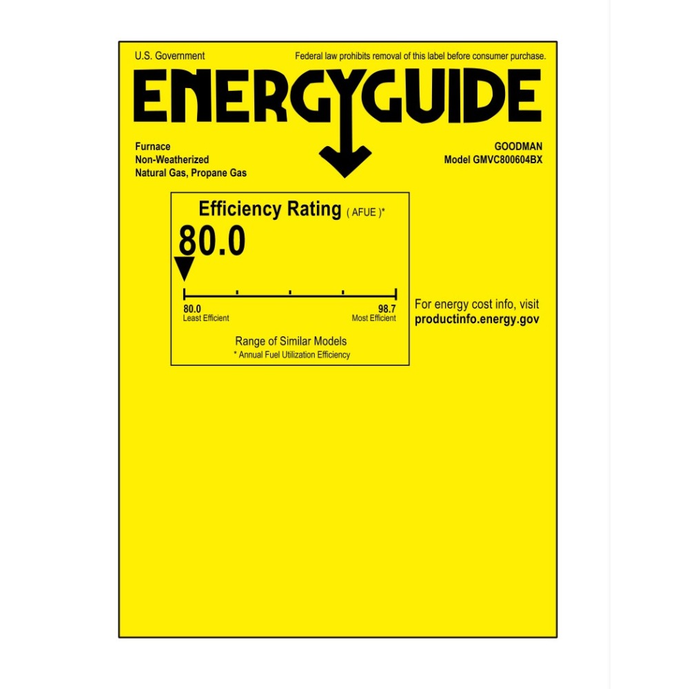 2 Ton 14.4 SEER2 Goodman Heat Pump GSZB402410 and 80% AFUE 60,000 BTU Gas Furnace GMVC800604BX Horizontal System with Coil CHPTA2426B4 - Furnace Energy Label