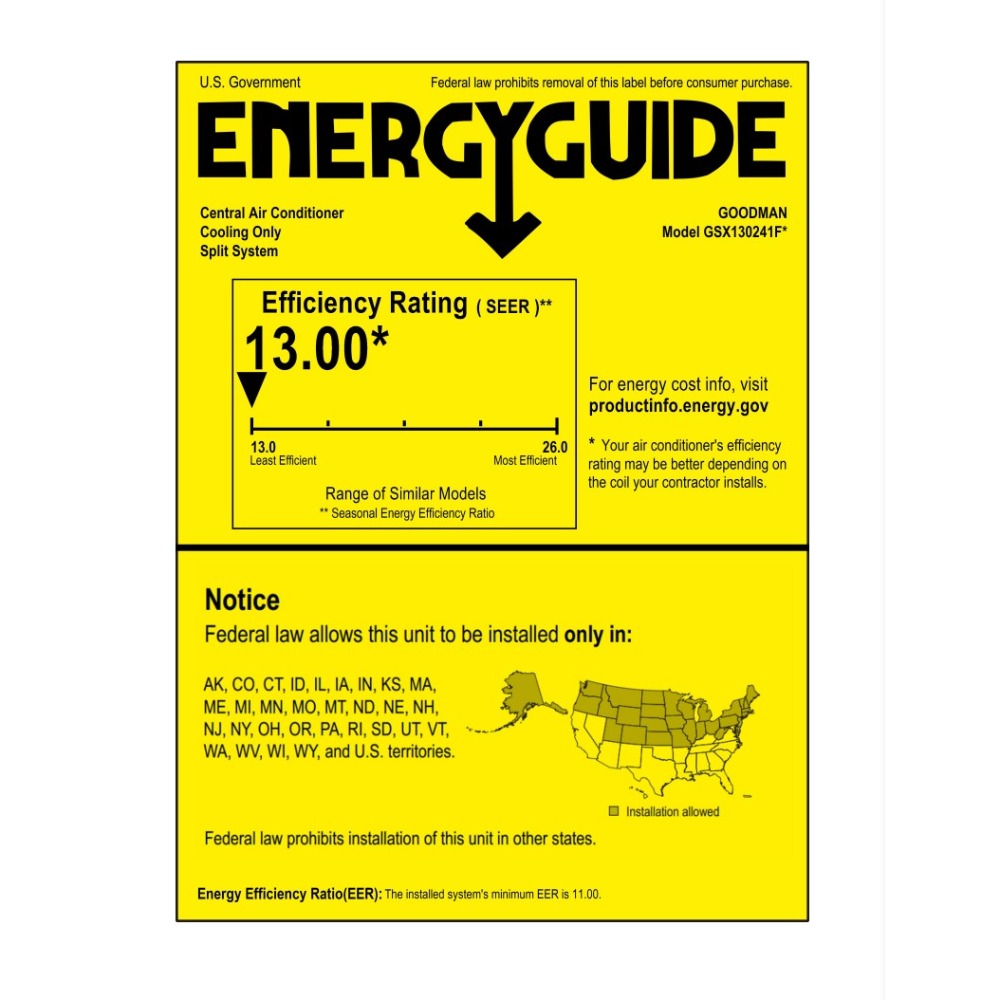 Goodman 2 Ton 13 SEER Single-Stage Air Conditioner Condenser GSX130241 - Energy Guide Label