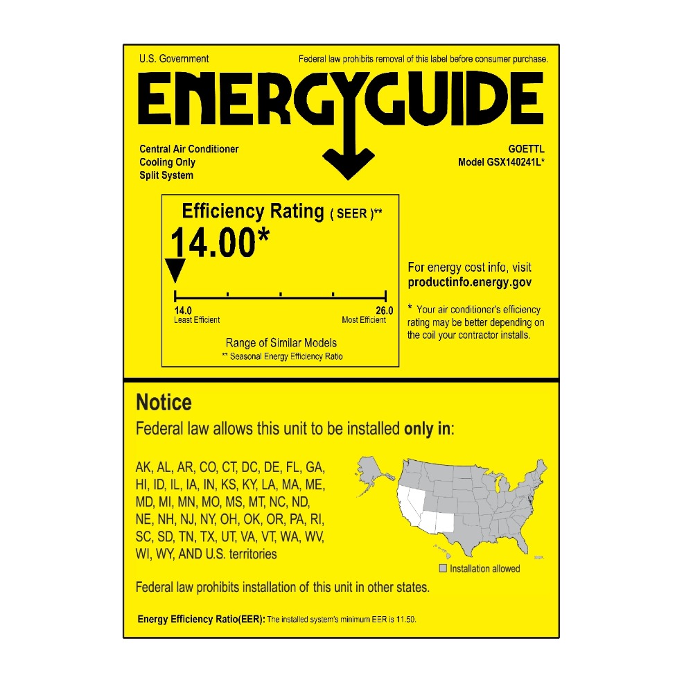 Goodman 2 Ton 14 SEER Single-Stage Air Conditioner Condenser GSX140241 - Energy Guide Label