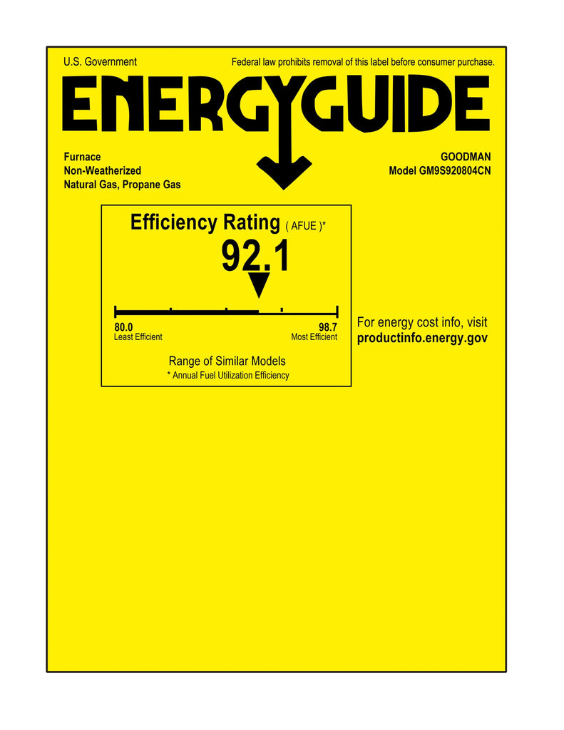 Goodman 92% AFUE 80,000 BTU Single Stage Low NOx Gas Furnace - Upflow/Horizontal - 21