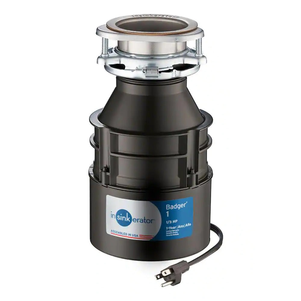 InSinkErator Badger 1 Standard Series 1/3 HP Garbage Disposal with Power Cord - Side View