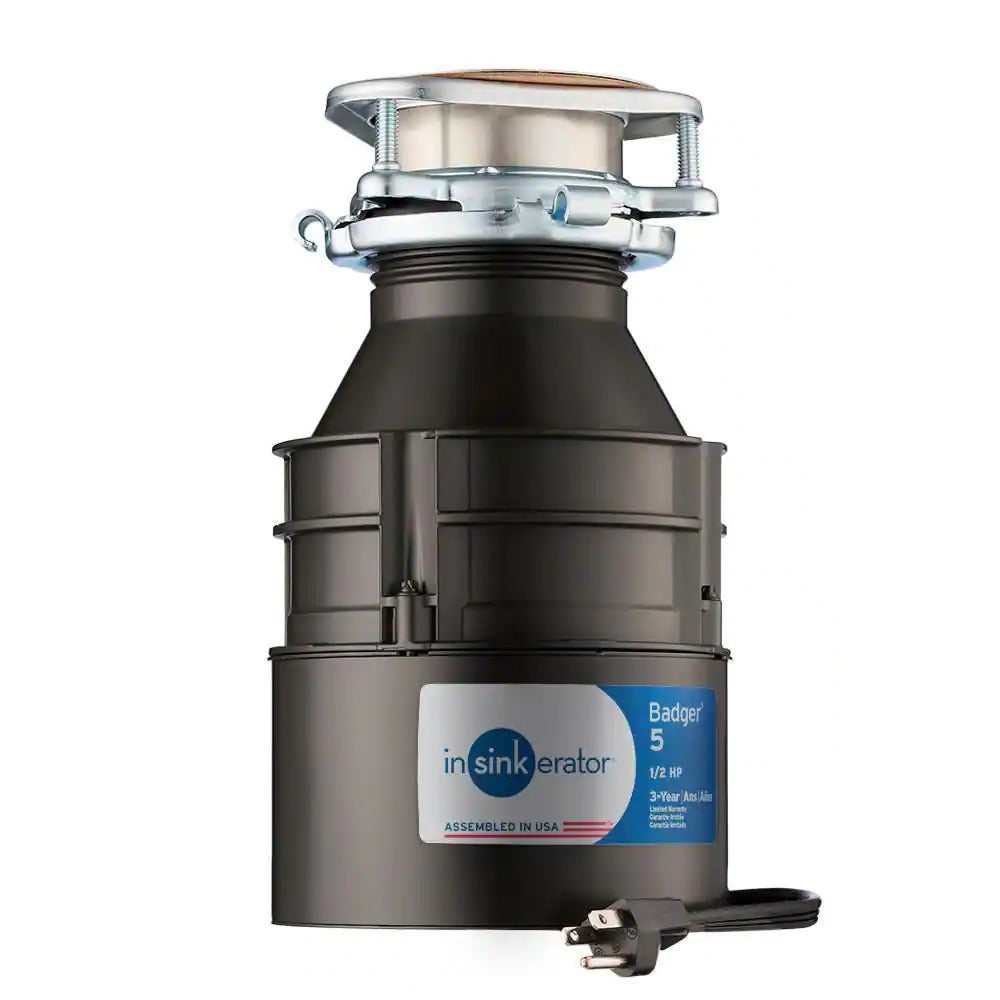 InSinkErator Badger 5 Standard Series 1/2 HP Garbage Disposal with Power Cord - Side View