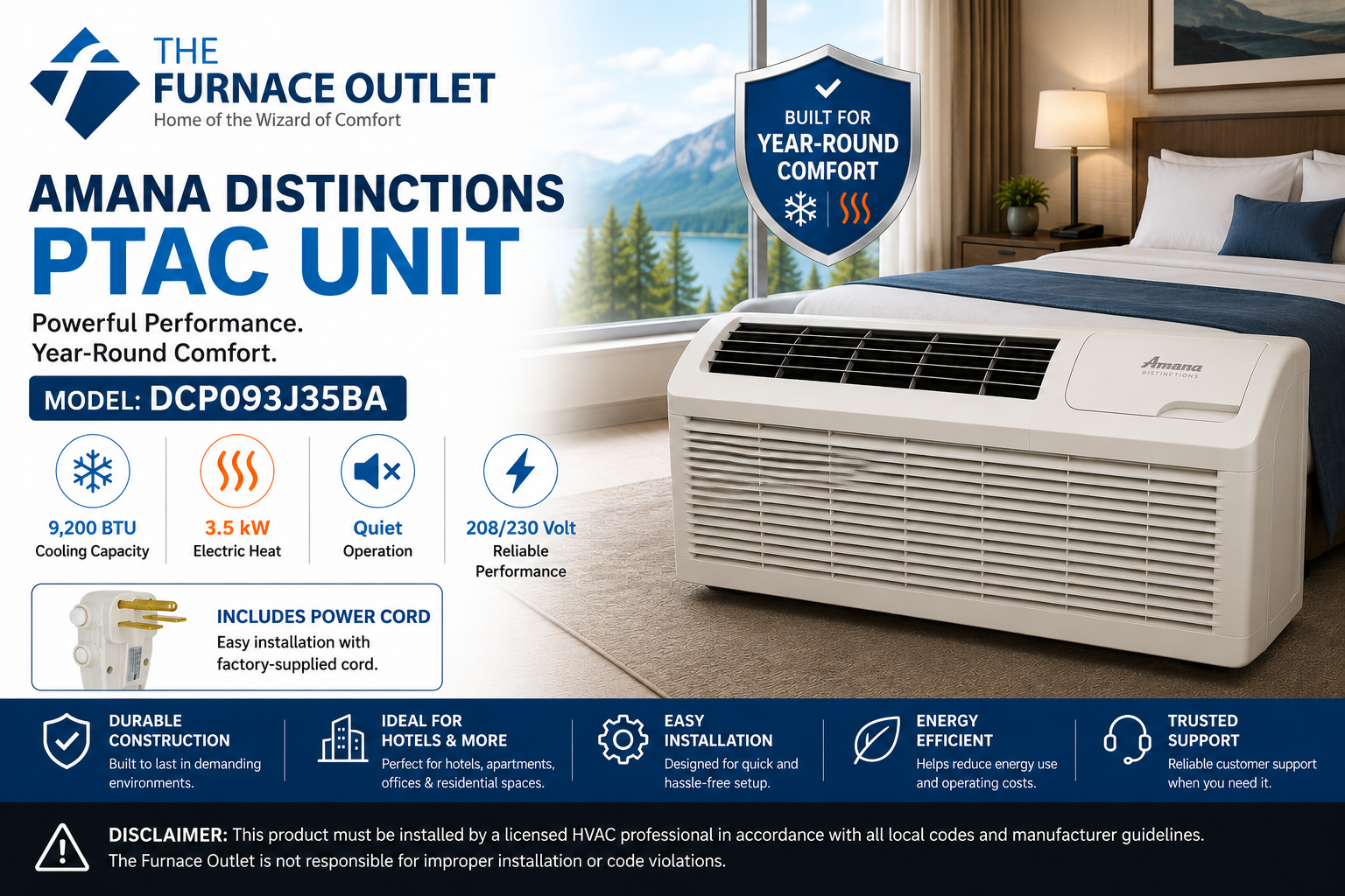 Amana Distinctions DCP093J35BA 9,200 BTU 208/230 Volt PTAC Unit with 3.5 kW Electric Heat for Efficient Room Heating & Cooling