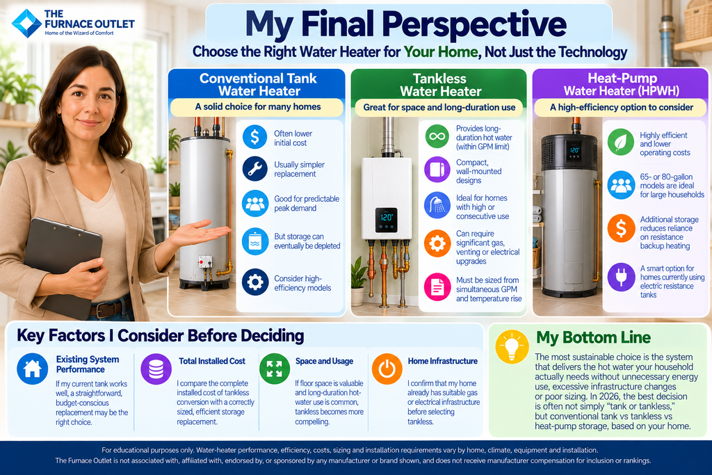 If my existing storage water heater performed well and I wanted a straightforward, budget-conscious replacement, I would not switch to tankless simply because the technology sounds more modern.
