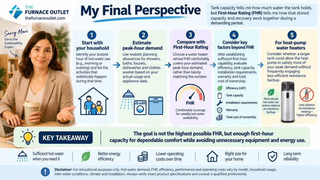 tank capacity tells me how much water the appliance holds, but First-Hour Rating tells me much more about how that stored capacity and recovery work together during a demanding period