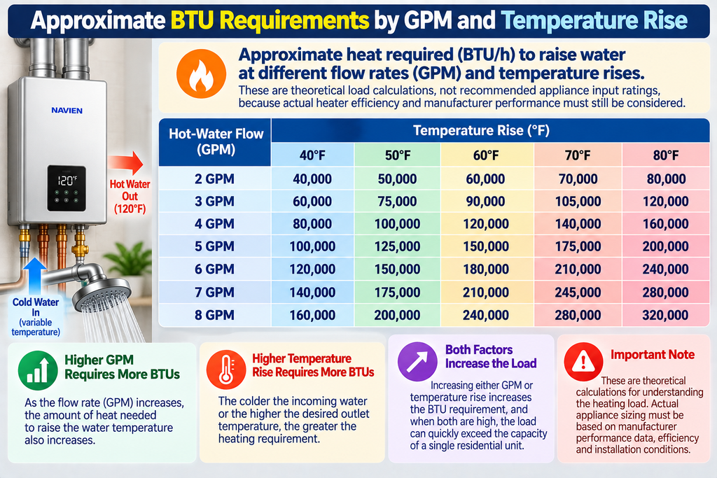 Approximate BTU Requirements by GPM and Temperature Rise