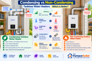 How a Non-Condensing Tankless Water Heater Works A non-condensing gas tankless water heater follows a relatively straightforward process. When a hot-water fixture opens, water begins flowing through the appliance, a flow sensor detects demand, the burner fires and a heat exchanger transfers combustion heat into the moving water. Once the requested hot-water flow stops, the burner shuts down. The important distinction is that the appliance does not intentionally recover as much residual heat from the exhaust as a condensing system does. Combustion gases therefore leave the heater at a higher temperature, and the vent system has to be designed for those hotter exhaust conditions. This can make non-condensing equipment mechanically simpler. Current manufacturer comparisons commonly show non-condensing models with lower initial equipment cost and somewhat smaller dimensions than comparable condensing units. Navien, for example, currently describes its non-condensing equipment as generally less expensive initially, while its comparison material lists non-condensing efficiency above 0.80 UEF and condensing efficiency as high as approximately 0.96 UEF within its product families. Navien The tradeoff is that heat leaving through the exhaust represents energy that was purchased but was not transferred into the household's water. That is the fundamental reason condensing technology can achieve higher efficiency.