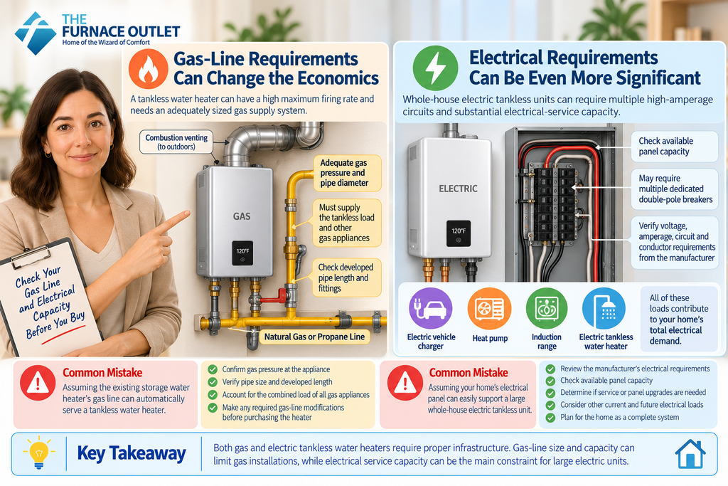 Gas-Line Requirements Can Change the Economics
One of the biggest mistakes in gas tankless planning is assuming that the existing storage water heater's gas line can automatically serve the replacement tankless heater. Tankless heaters generate hot water in real time and can have high maximum firing rates. The fuel system must be able to supply that demand while other gas appliances are operating.
Gas pressure, pipe diameter, developed pipe length and the combined connected appliance load all need to be evaluated. I would have this checked before purchasing the equipment. Discovering after delivery that substantial gas-system modifications are required is an avoidable surprise.
Electrical Requirements Can Be Even More Significant
For whole-house electric tankless systems, electrical capacity should be one of the first things investigated. The exact heater documentation will specify voltage, amperage, circuit and conductor requirements. Large units can require several dedicated double-pole breakers and significant available panel capacity.
A home with a heavily loaded electrical service may therefore be a poor candidate for large electric tankless equipment without upgrades. This issue is becoming even more important as households electrify other loads. An electric vehicle charger, heat pump, induction range and electric tankless water heater can all contribute to peak electrical demand.
Good electrification planning looks at the building as a system rather than selecting each appliance independently.