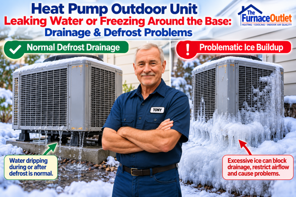 Heat Pump Outdoor Unit Leaking Water or Freezing Around the Base: Drainage & Defrost Problems